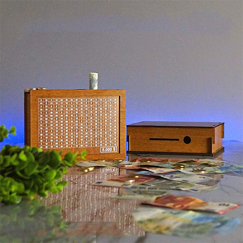 Wood savings box with engraved figures