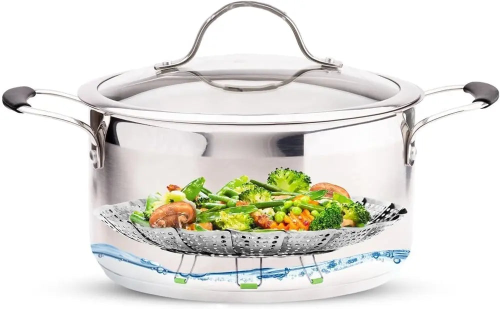 Adjustable steam cooker made of stainless steel – Foldable basket for healthy cooking