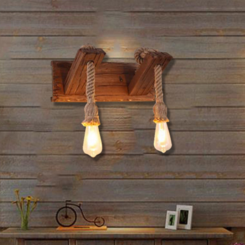 Wood Exposed Bulb Wall Lighting Industrial Style Rope 1/2 Light Bedroom Wall Lamp