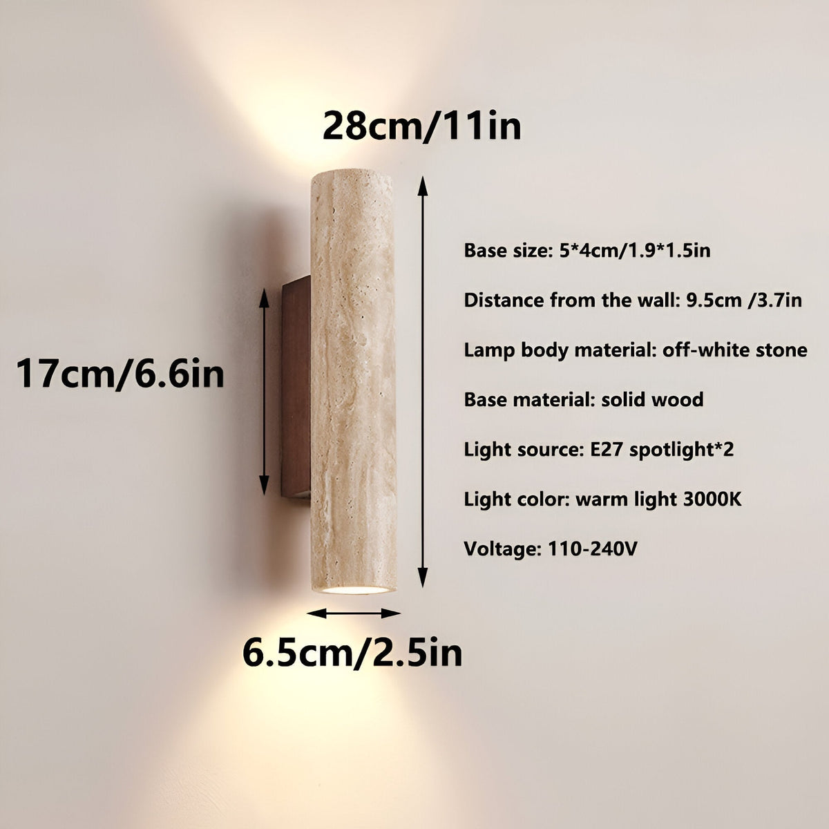Travertine wall lamp in Japandi tube shape