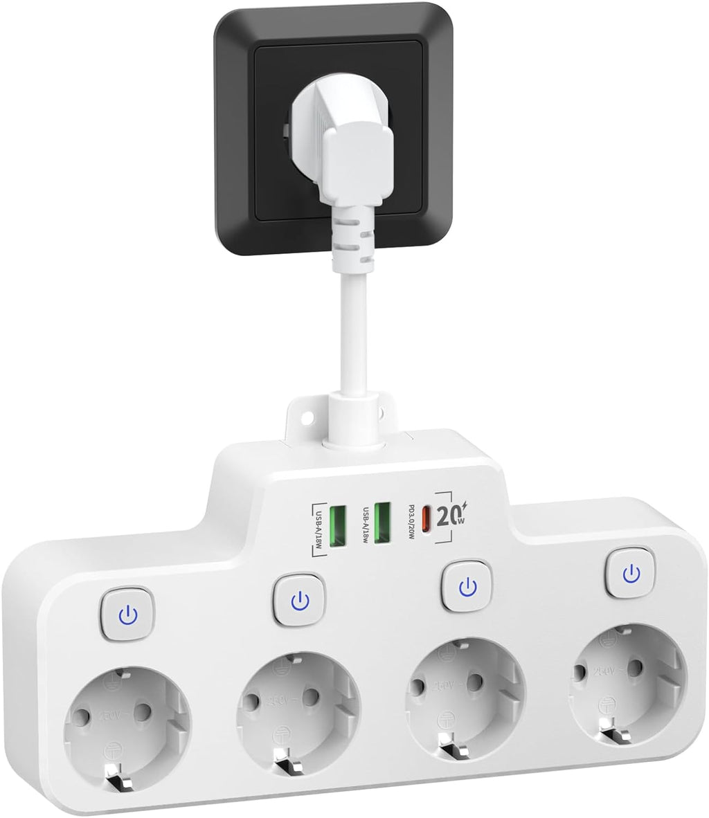 Swivel Wall-Mounted Power Strip with Independent Switches – 3 Outlets + 2 USB-A + 1 USB-C Ports