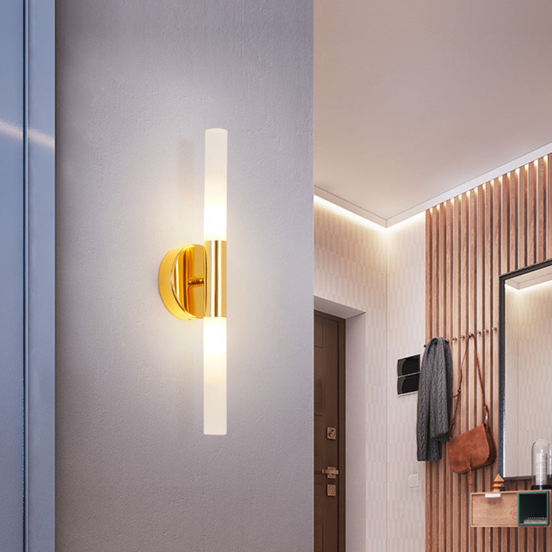 Minimalist Slim Tubular Wall Lamp White Glass LED Corner Wall Lighting Fixture in Brass