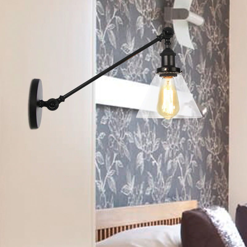 Industrial Conical Wall Lamp 1 Light Clear Glass Lighting in Black/Bronze/Brass, 8"/12" L Arm
