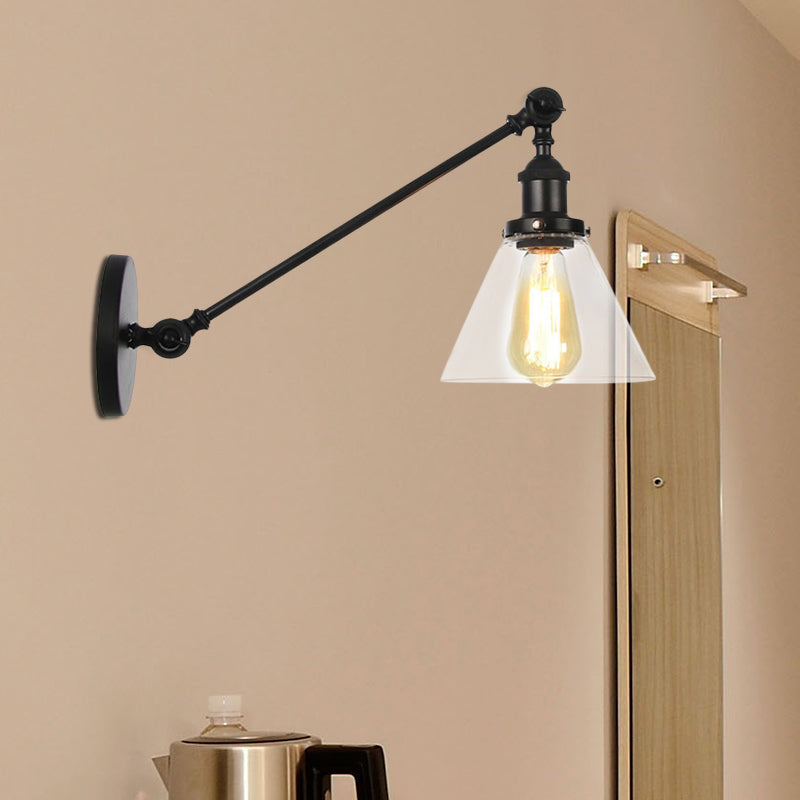 Industrial Conical Wall Lamp 1 Light Clear Glass Lighting in Black/Bronze/Brass, 8"/12" L Arm