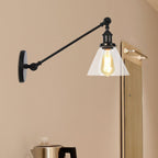Industrial Conical Wall Lamp 1 Light Clear Glass Lighting in Black/Bronze/Brass, 8"/12" L Arm