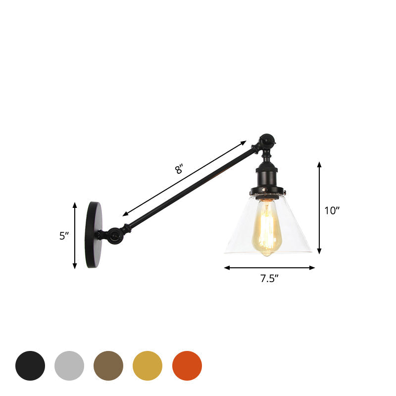 Industrial Conical Wall Lamp 1 Light Clear Glass Lighting in Black/Bronze/Brass, 8"/12" L Arm
