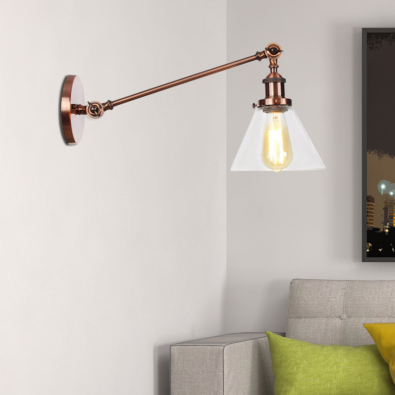 Industrial Conical Wall Lamp 1 Light Clear Glass Lighting in Black/Bronze/Brass, 8"/12" L Arm