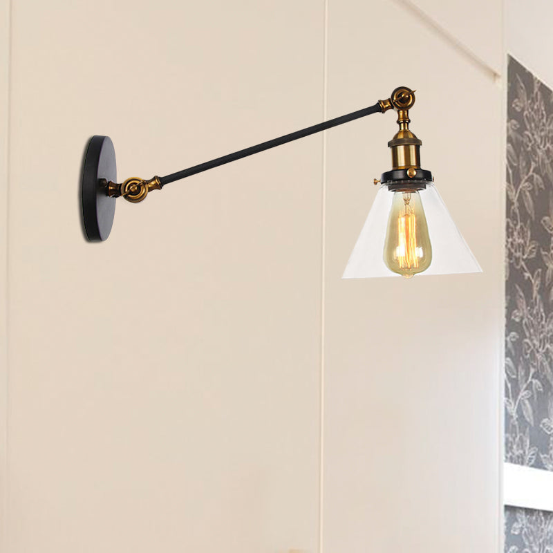 Industrial Conical Wall Lamp 1 Light Clear Glass Lighting in Black/Bronze/Brass, 8"/12" L Arm