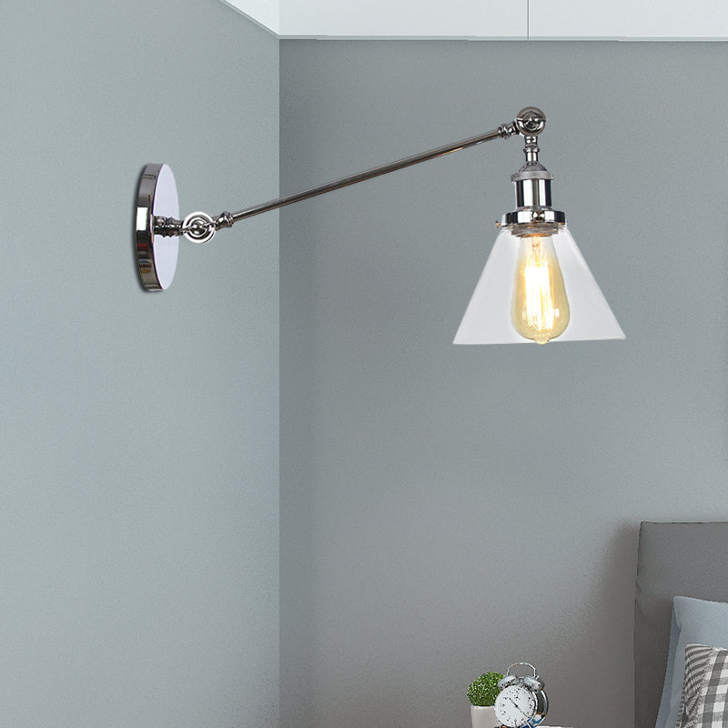 Industrial Conical Wall Lamp 1 Light Clear Glass Lighting in Black/Bronze/Brass, 8"/12" L Arm