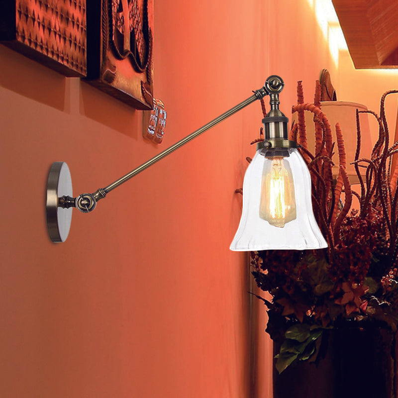 Black/Bronze/Brass 1 Light Wall Lighting Unit Vintage Clear Glass Bell Wall Lamp with Arm, 8"/12" Long