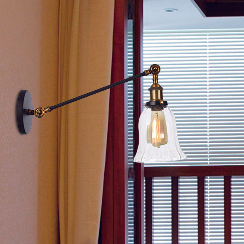 Black/Bronze/Brass 1 Light Wall Lighting Unit Vintage Clear Glass Bell Wall Lamp with Arm, 8"/12" Long