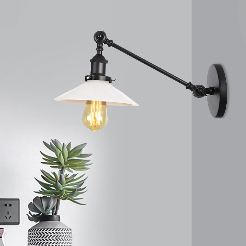 Industrial Conical Wall Lamp 1 Light Opal Glass Wall Lamp in Black/Copper/Brass with Arm, 8"/12" L