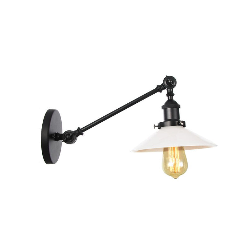 Industrial Conical Wall Lamp 1 Light Opal Glass Wall Lamp in Black/Copper/Brass with Arm, 8"/12" L