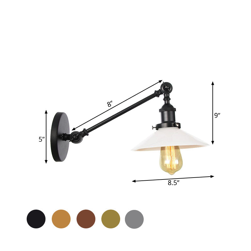Industrial Conical Wall Lamp 1 Light Opal Glass Wall Lamp in Black/Copper/Brass with Arm, 8"/12" L