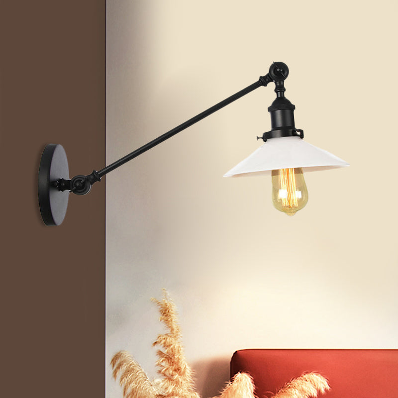 Industrial Conical Wall Lamp 1 Light Opal Glass Wall Lamp in Black/Copper/Brass with Arm, 8"/12" L