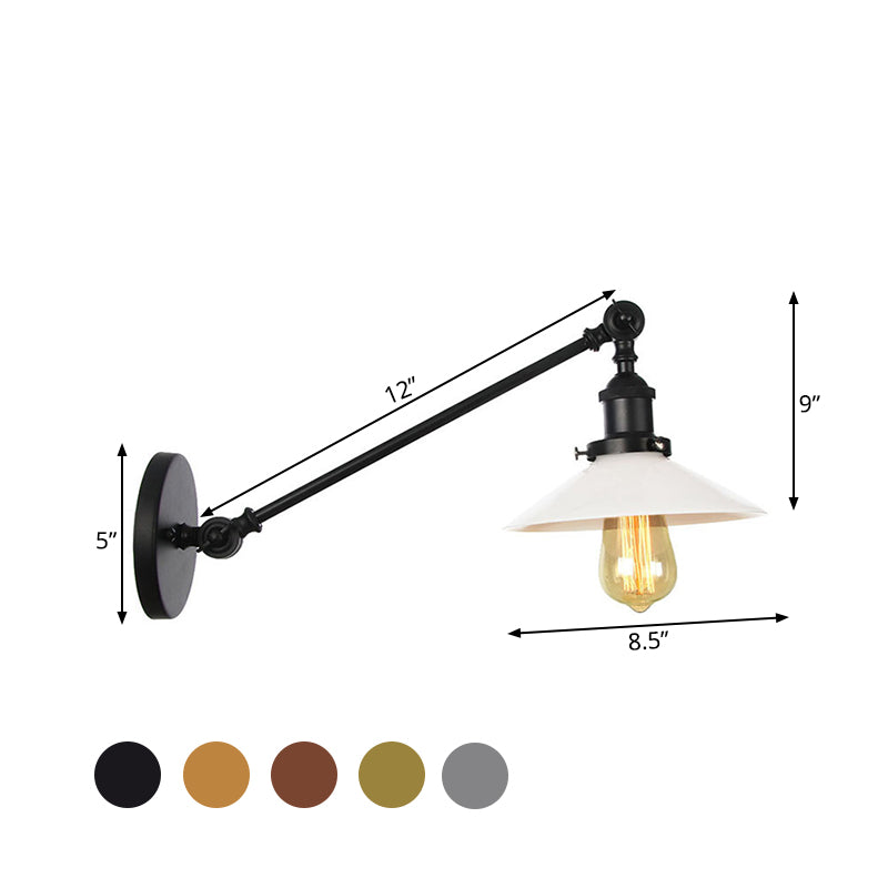 Industrial Conical Wall Lamp 1 Light Opal Glass Wall Lamp in Black/Copper/Brass with Arm, 8"/12" L