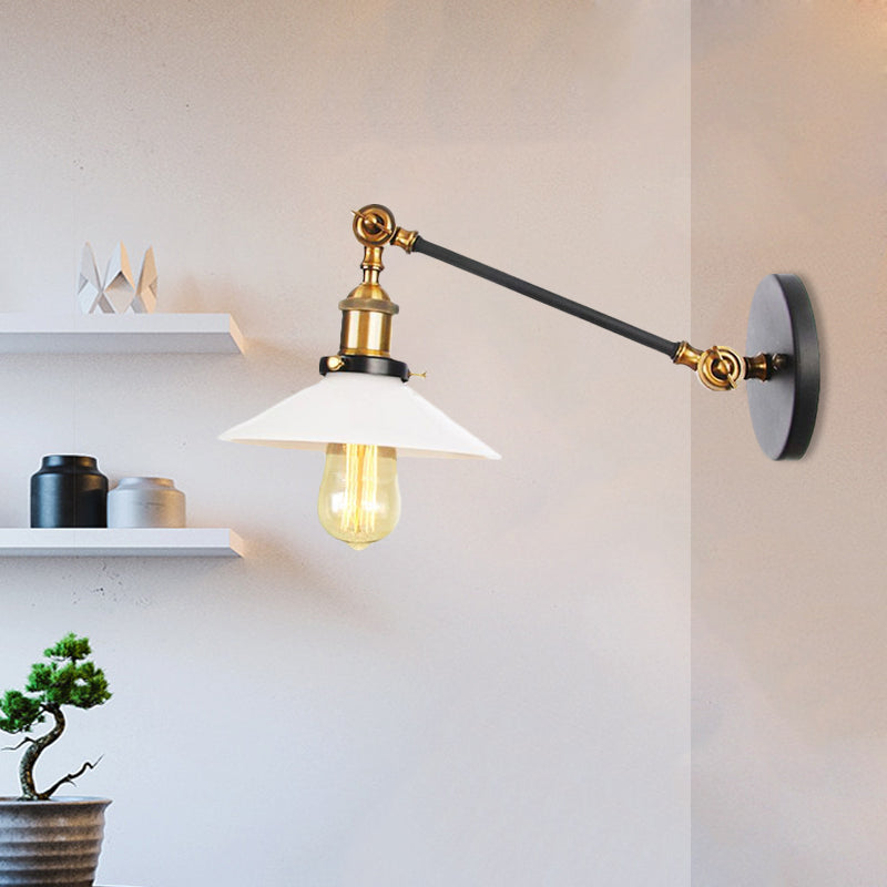 Industrial Conical Wall Lamp 1 Light Opal Glass Wall Lamp in Black/Copper/Brass with Arm, 8"/12" L