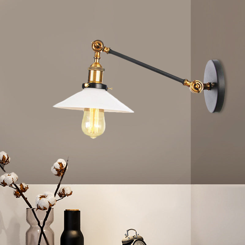 Industrial Conical Wall Lamp 1 Light Opal Glass Wall Lamp in Black/Copper/Brass with Arm, 8"/12" L