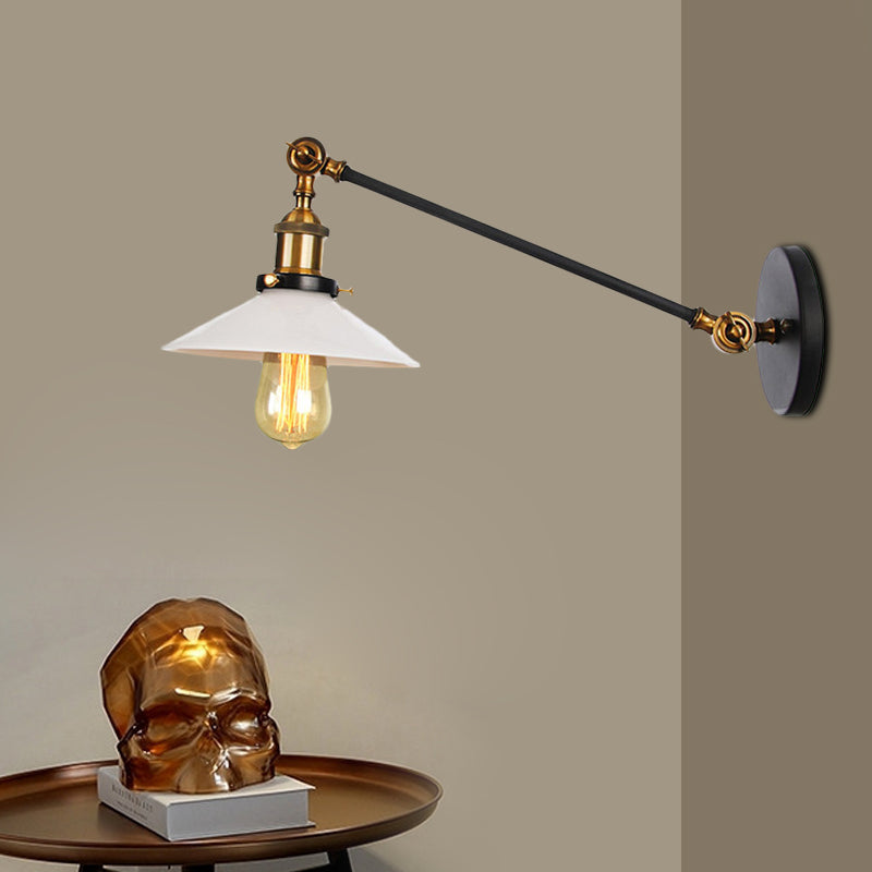 Industrial Conical Wall Lamp 1 Light Opal Glass Wall Lamp in Black/Copper/Brass with Arm, 8"/12" L