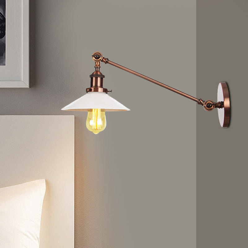 Industrial Conical Wall Lamp 1 Light Opal Glass Wall Lamp in Black/Copper/Brass with Arm, 8"/12" L