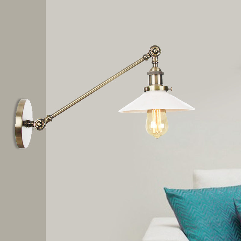 Industrial Conical Wall Lamp 1 Light Opal Glass Wall Lamp in Black/Copper/Brass with Arm, 8"/12" L