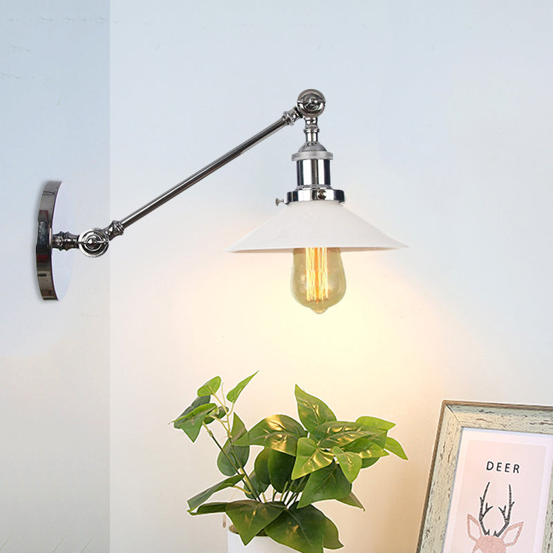 Industrial Conical Wall Lamp 1 Light Opal Glass Wall Lamp in Black/Copper/Brass with Arm, 8"/12" L