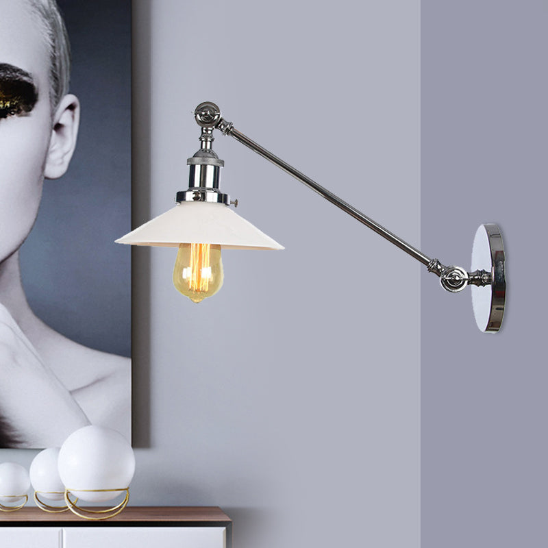 Industrial Conical Wall Lamp 1 Light Opal Glass Wall Lamp in Black/Copper/Brass with Arm, 8"/12" L