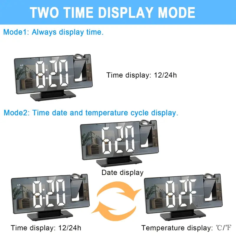 180° Adjustable LED Projection Alarm Clock – Snooze, 12/24H Time & Temperature Display, Mirror Design – USB Powered, Night Mode & Memory Function
