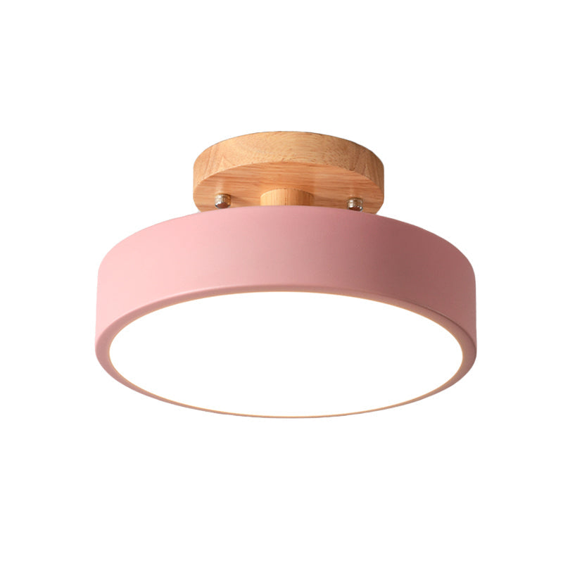 Scandinavian LED Ceiling Light with Wood | Modern Drum Shape for Hallways and Entrances | Energy-Efficient Lighting