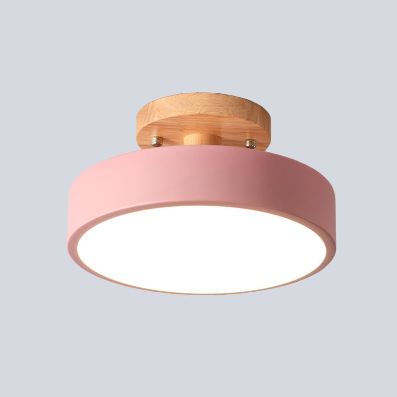 Scandinavian LED Ceiling Light with Wood | Modern Drum Shape for Hallways and Entrances | Energy-Efficient Lighting