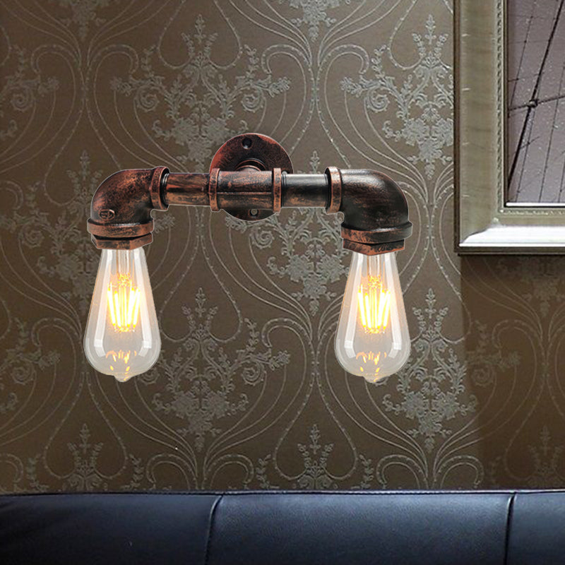 Metal Bare Bulb Wall Lamp Light Fixture Farmhouse 2-Head Coffee House Wall Mount Lamp in Black/Rust