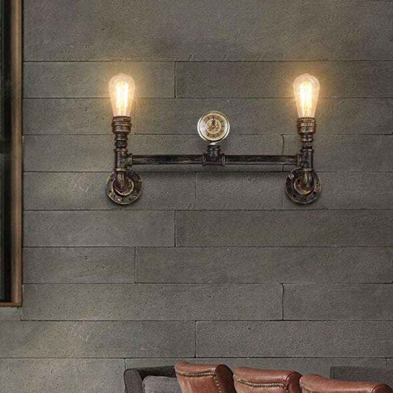 Iron Bronze Finish Wall Lamp Bare Bulb 2-Head Antiqued Sconce Lighting with Gauge Deco