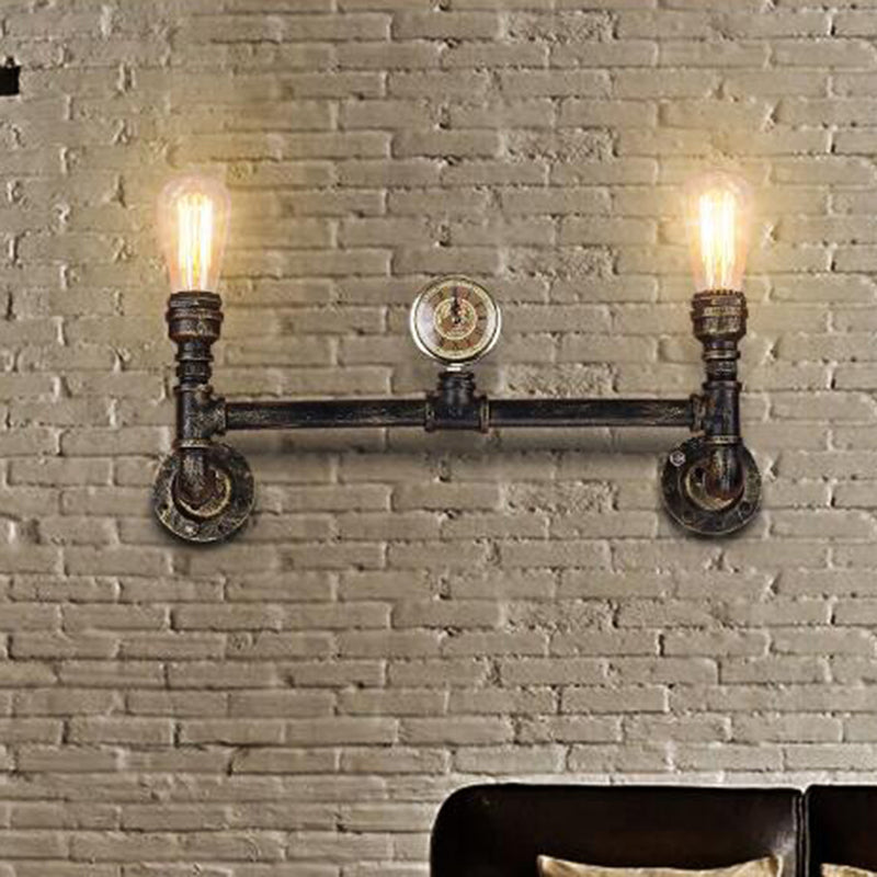 Iron Bronze Finish Wall Lamp Bare Bulb 2-Head Antiqued Sconce Lighting with Gauge Deco