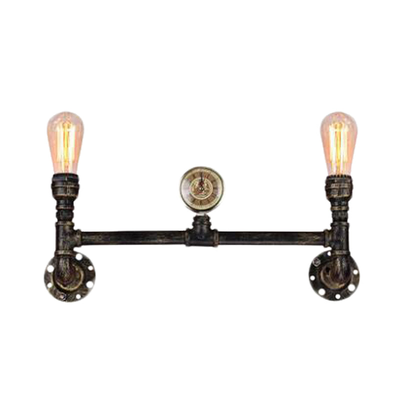Iron Bronze Finish Wall Lamp Bare Bulb 2-Head Antiqued Sconce Lighting with Gauge Deco