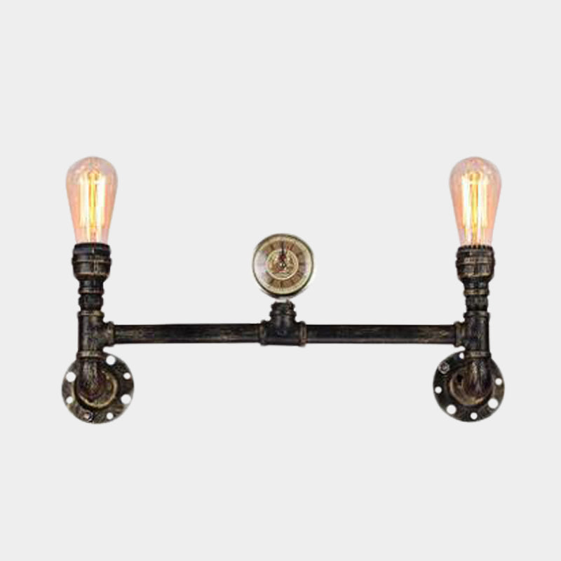 Iron Bronze Finish Wall Lamp Bare Bulb 2-Head Antiqued Sconce Lighting with Gauge Deco