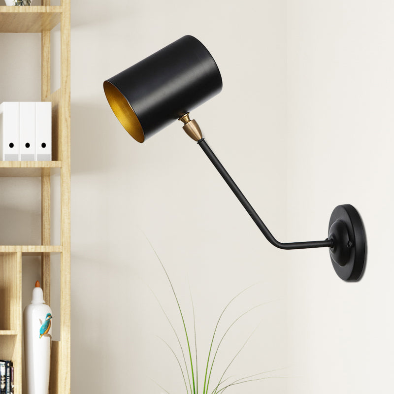 Metal cylindrical wall lamp sconce industrial 6"/10" high 1-light bedroom wall lamp fixture in black with sloping arm