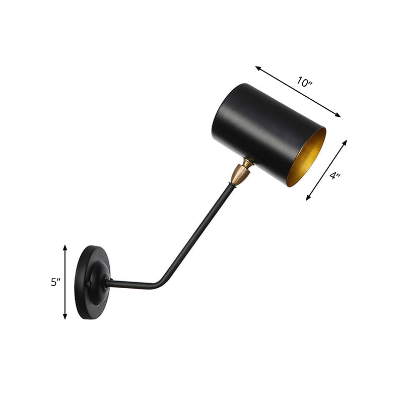 Metal cylindrical wall lamp sconce industrial 6"/10" high 1-light bedroom wall lamp fixture in black with sloping arm