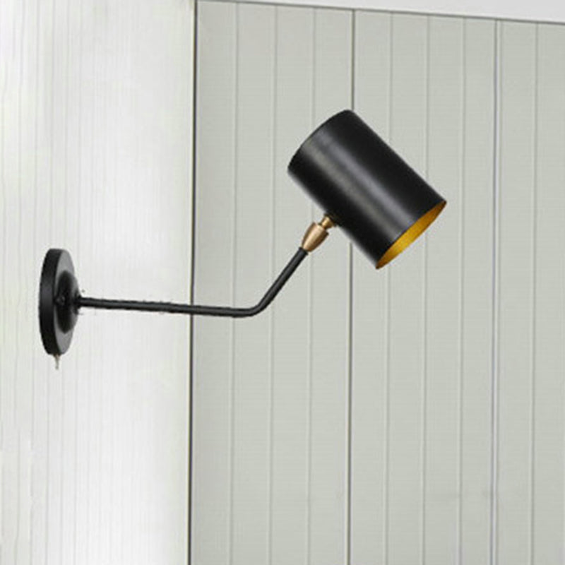 Right Angle Arm Iron Wall Light Vintage 1-Light Study Room Wall Mount Fixture in Black with Cylinder Shade, 6"/10" H