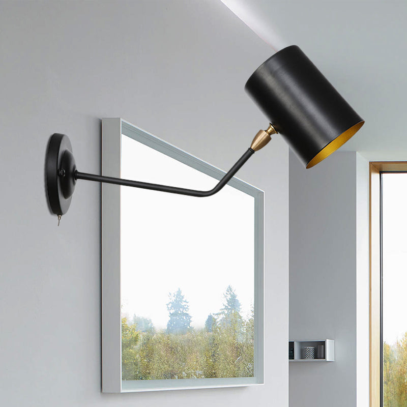 Right Angle Arm Iron Wall Light Vintage 1-Light Study Room Wall Mount Fixture in Black with Cylinder Shade, 6"/10" H