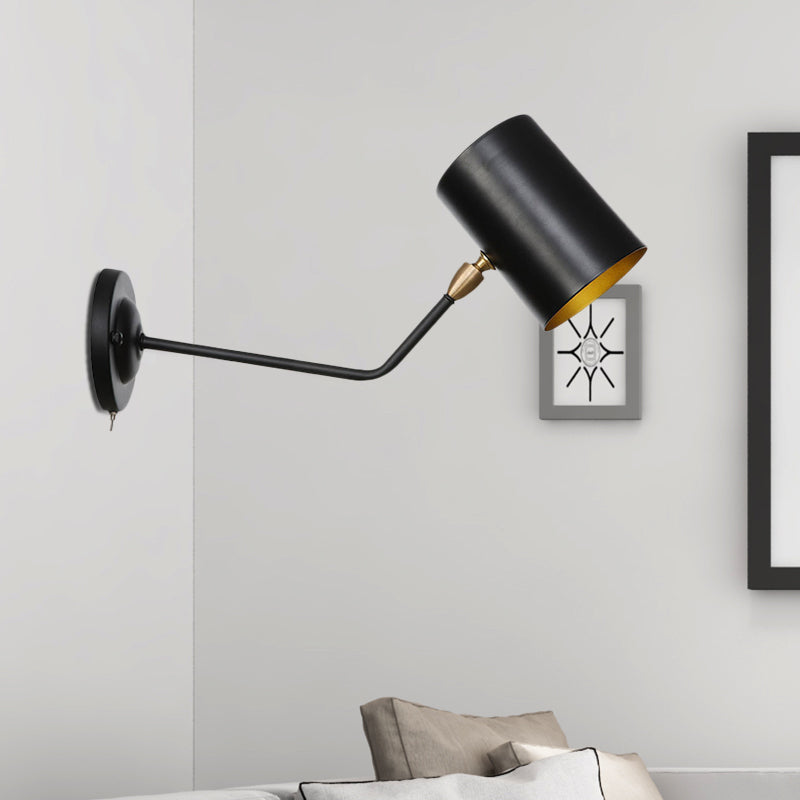 Right Angle Arm Iron Wall Light Vintage 1-Light Study Room Wall Mount Fixture in Black with Cylinder Shade, 6"/10" H