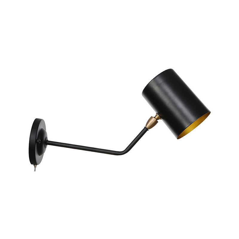 Right Angle Arm Iron Wall Light Vintage 1-Light Study Room Wall Mount Fixture in Black with Cylinder Shade, 6"/10" H