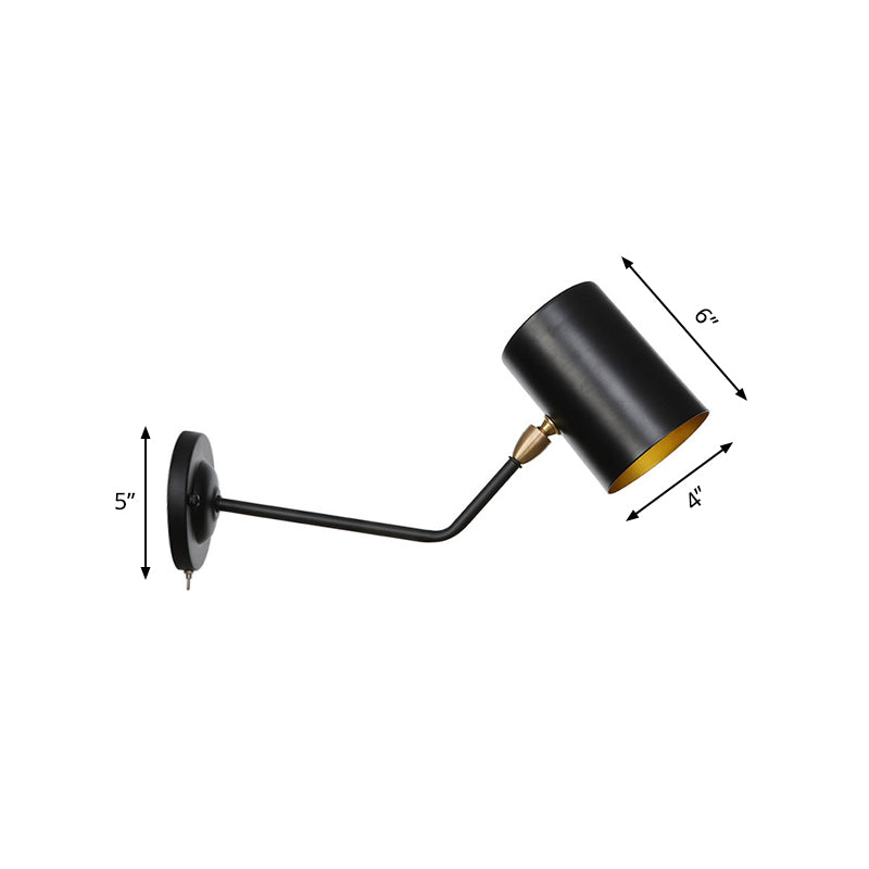 Right Angle Arm Iron Wall Light Vintage 1-Light Study Room Wall Mount Fixture in Black with Cylinder Shade, 6"/10" H