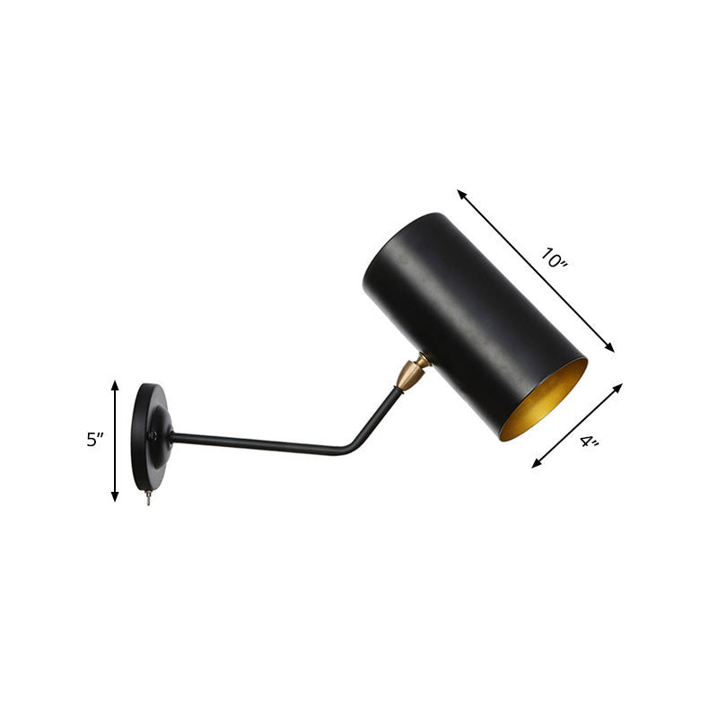 Right Angle Arm Iron Wall Light Vintage 1-Light Study Room Wall Mount Fixture in Black with Cylinder Shade, 6"/10" H