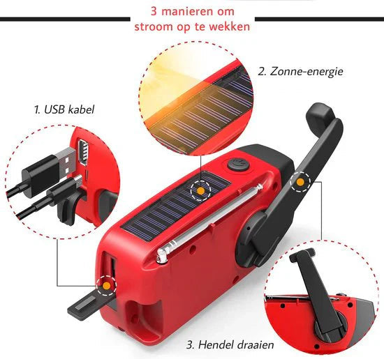 Emergency Solar Radio with Crank – Portable Dynamo Radio with Power Bank & LED Flashlight