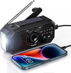 Portable emergency radio with solar panel and hand crank – FM/AM reception and power bank function