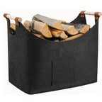 Felt log basket FELDURA | Collapsible | 55L volume | With wooden handles & leather details | Dark gray