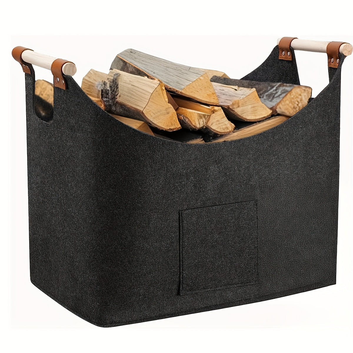 Felt log basket FELDURA | Collapsible | 55L volume | With wooden handles & leather details | Dark gray