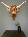 Hand-Woven Wall Art Sculpture | Highland Cattle Design | Rustic Handmade Home Decor | 11.8 × 8.6 in