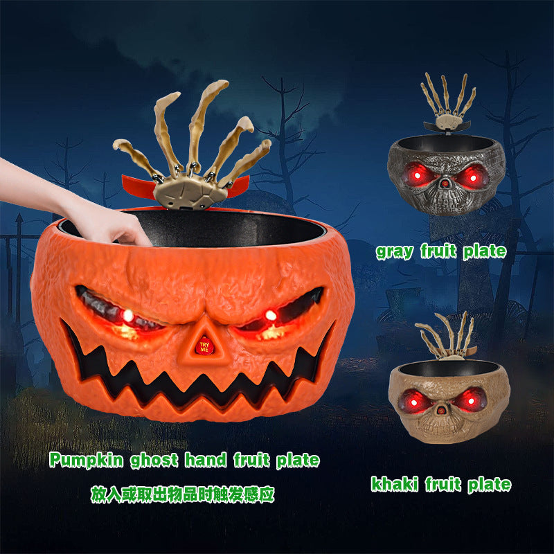 Halloween Candy Bowl – Motion Sensor Pumpkin Bowl with Skeleton Hand and Red Light Effects