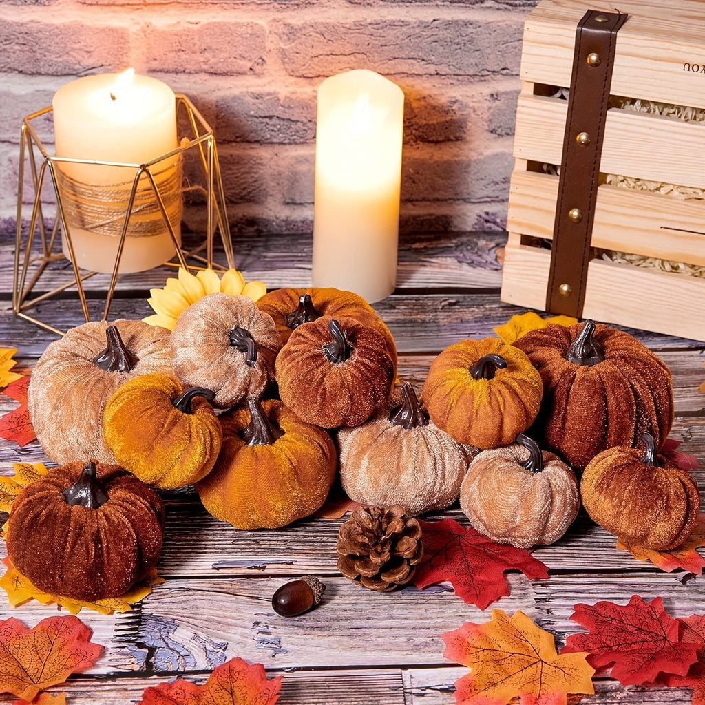 Autumn Decoration Pumpkin Set – 12 Pieces Artificial Pumpkins with Velvet Finish